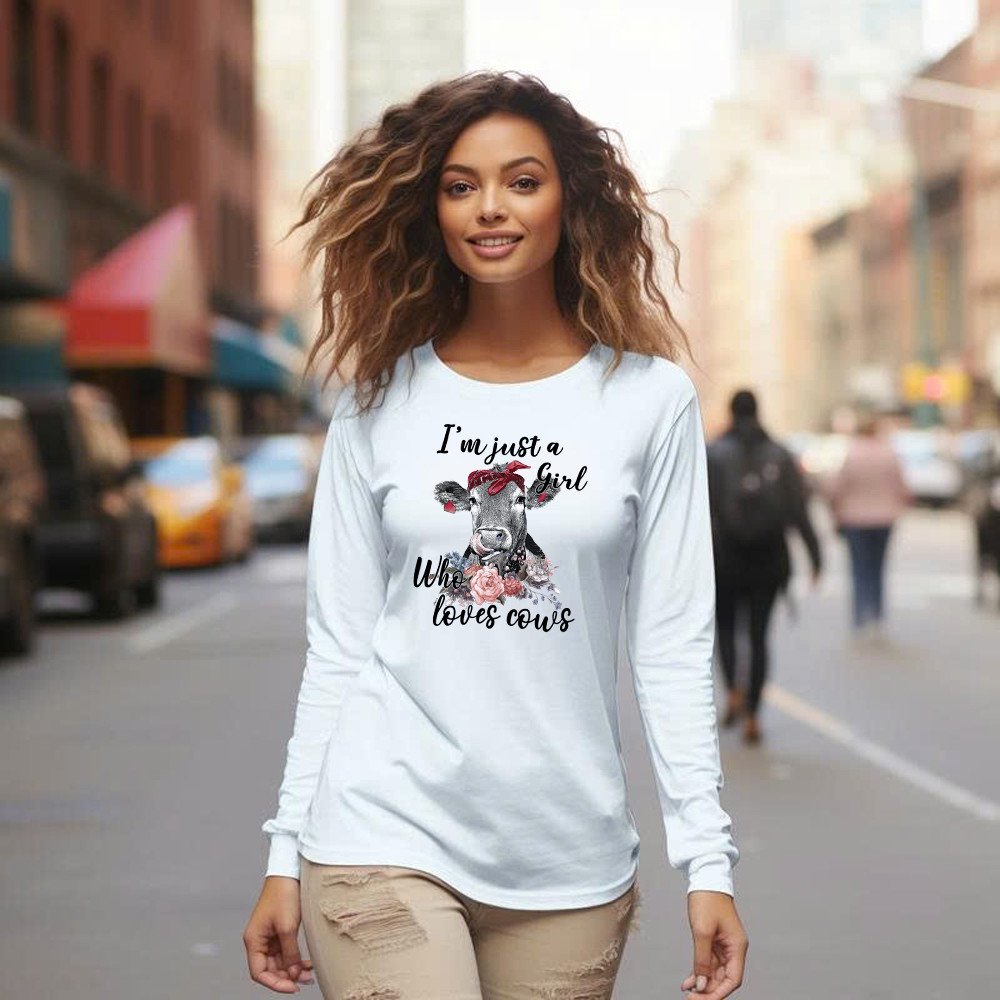I’m Just A Girl Who Loves Cows Shirt Funny Farmer Female Long Sleeve Shirt Gifts For Cow Lovers